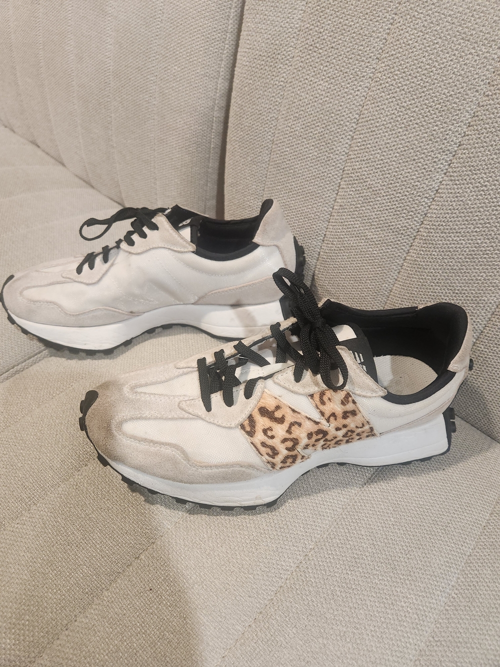 New Balance Women's White, Beige and Black Sneakers with Leopard Accent
